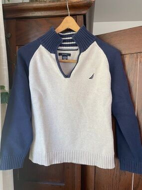 Nautica Boys Navy and Cream Half-Zip Sweater - Size Medium (10/12)